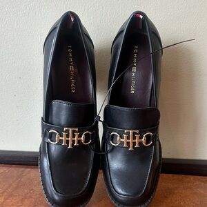 Tommy Hilfiger Black and Gold Loafers for Women